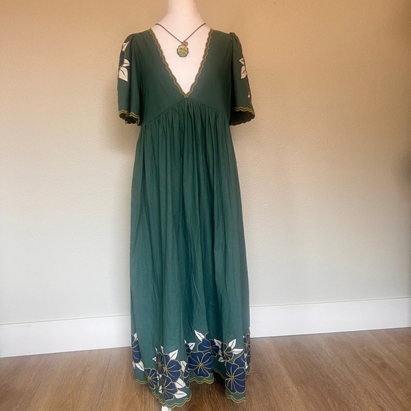 The Great Floral Embroidered Maxi Dress Green Cotton Bohemian Summer V Neck - Picture 1 of 13